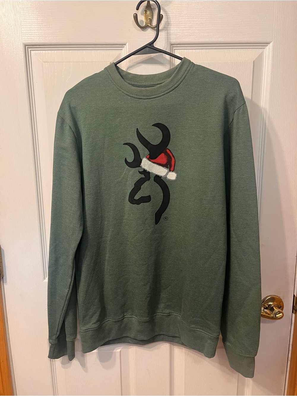 Browning Green Crewneck Sweater with Buck Logo and Santa Hat